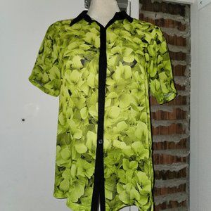 Michael Kors Leafy Pattern Green Black Button Up Top Short Sleeves Size M Medium